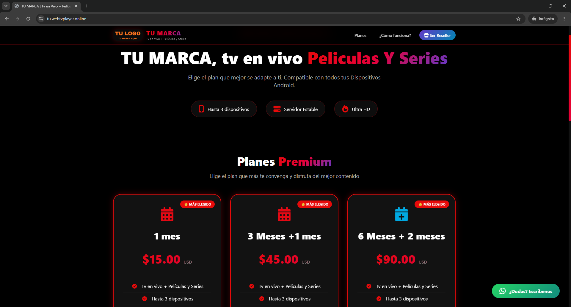 Captura real de WEB MODELO 1 con planes premium